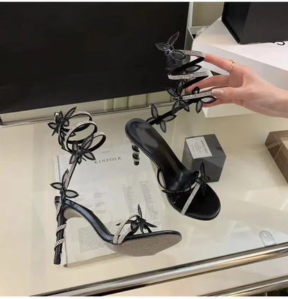 Luxury Crystal Embellished Butterfly Detail Women Sandals Sexy Coiled Strap Thin High heels Gladiator sandals Summer Party Shoes