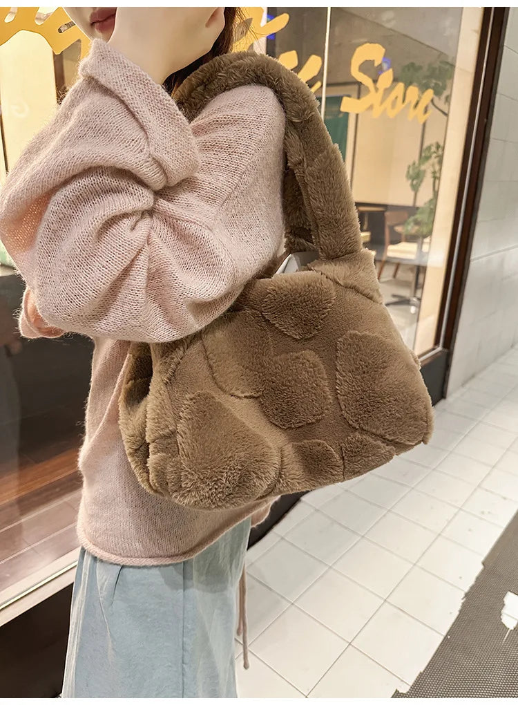 Faux Fur Tote Bag High Quality Plush Handbag Women Fall Winter Vintage Fashion Large Capacity Shoulder Bag