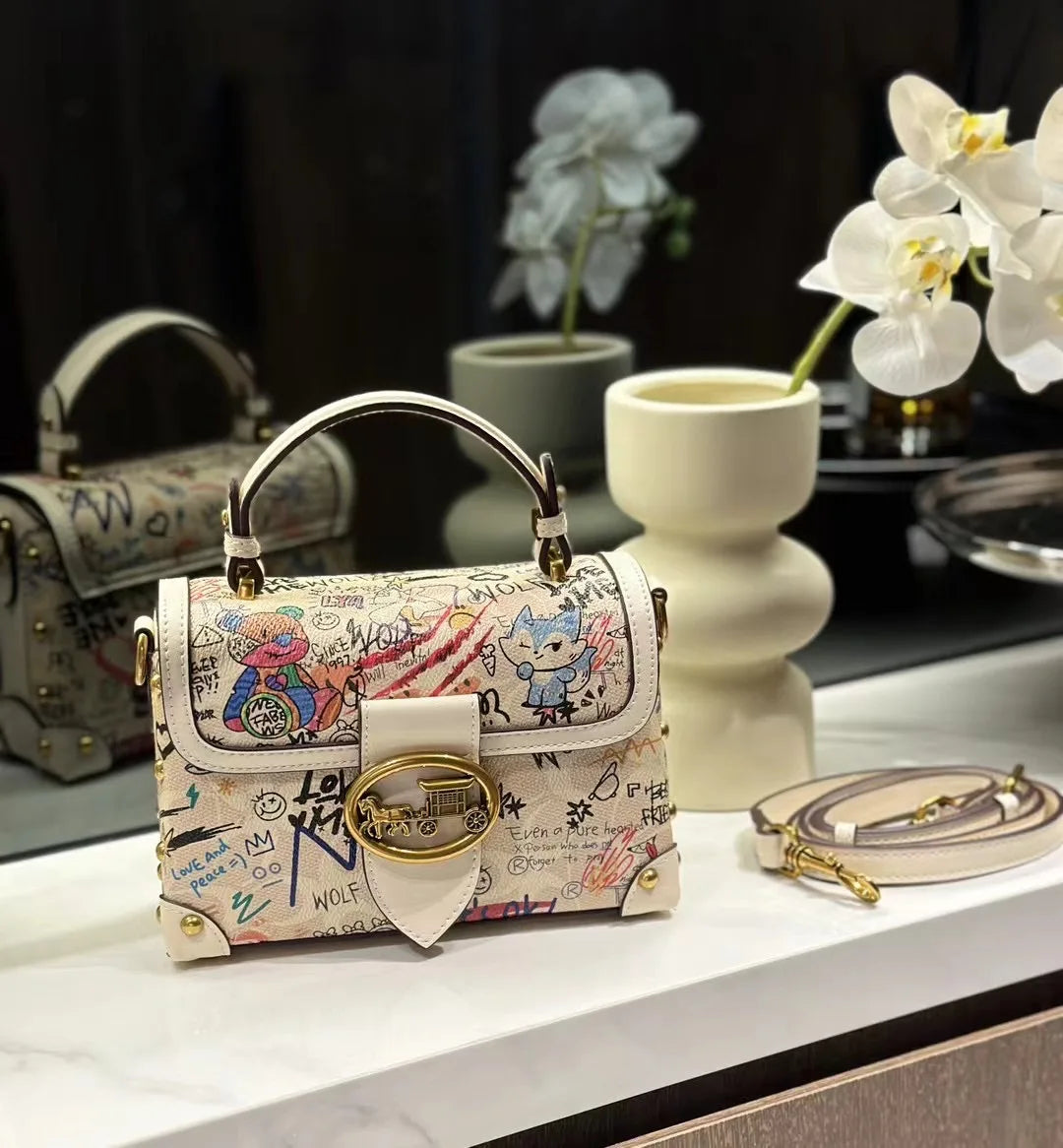 Brand premium women's bag graffiti box small square bag 2024 new autumn and winter designer handbag single shoulder crossbody ba