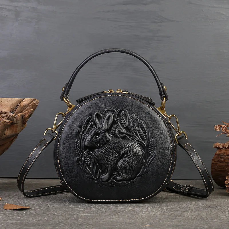 MOTAORA 2025 New Retro Round Women's Genuine Leather Handbags For Ladies Luxury Designer Rabbit Embossed Shoulder Messenger Bags
