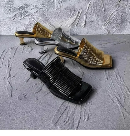 Square Toe Stiletto Sandals for Women Summer Shiny Solid Color High Heels Casual Half Slippers Shoes for Women Designer Sandals