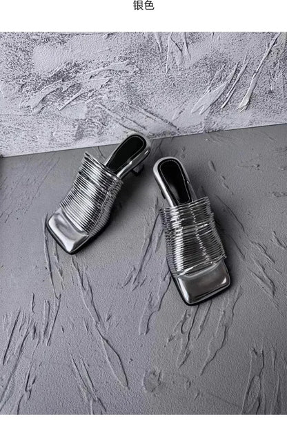 Square Toe Stiletto Sandals for Women Summer Shiny Solid Color High Heels Casual Half Slippers Shoes for Women Designer Sandals