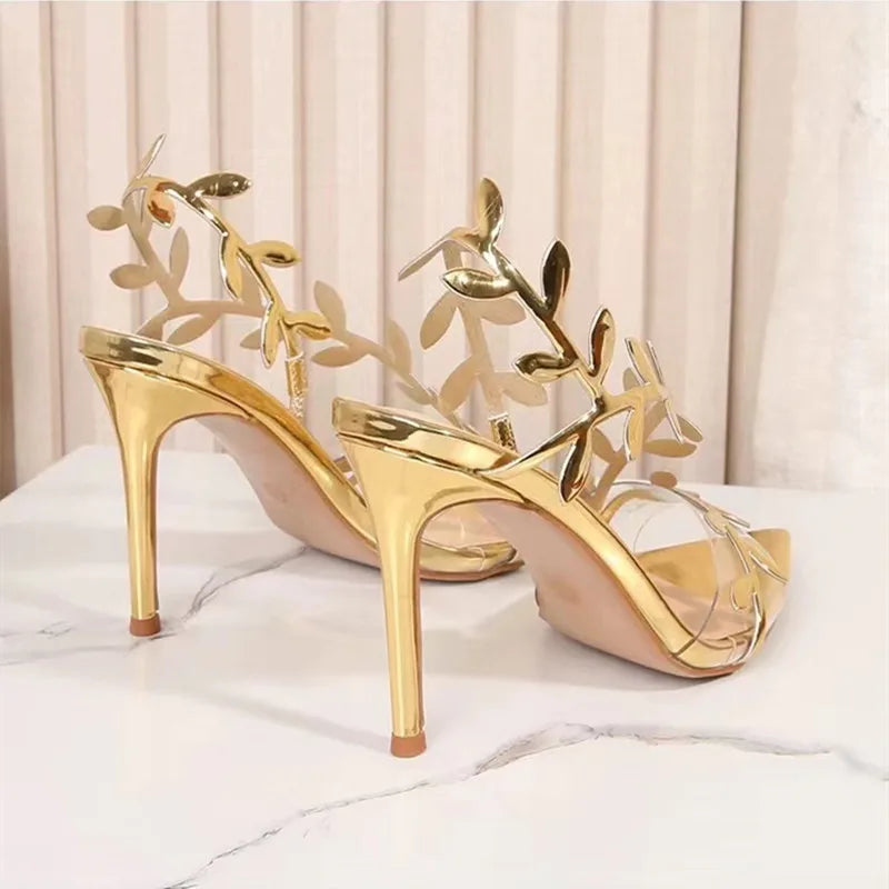2024 Summer Fashion Patent Leather Gold Leaf Women Sandals Elegant Pointed toe Thin High heels Gladiator Sandalias Party Shoes