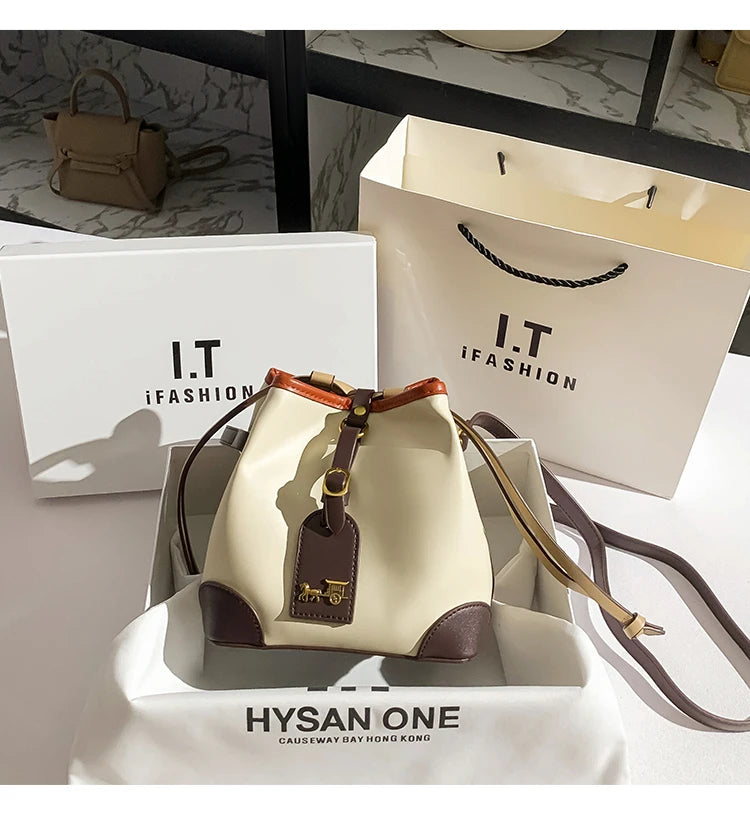 Light luxury women's handbag, retro carriage drawstring bucket bag, 2025 new style bag, high-end single shoulder crossbody bag
