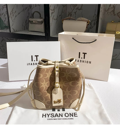 Light luxury women's handbag, retro carriage drawstring bucket bag, 2025 new style bag, high-end single shoulder crossbody bag