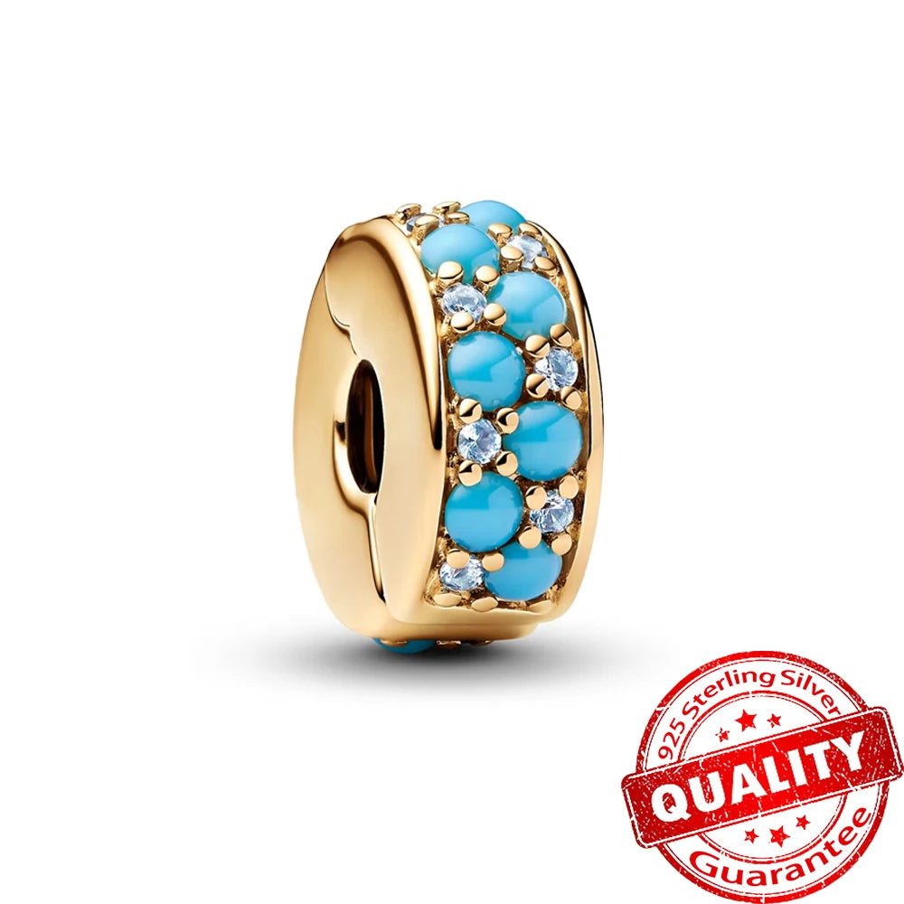 Gorgeous 925 Sterling Silver Stones & Enamel Clip Beads & Seahorse Dangle Charm Fits Bracelet For Women Gold Necklace Pendant