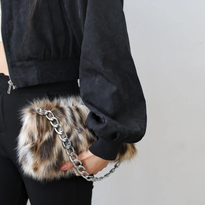 New Faux Fur Leopard Shoulder Bag Women's Autumn Winter Chain Handbags Ladies Leopard Print Clutch Purses Fluffy Top Handle Bags