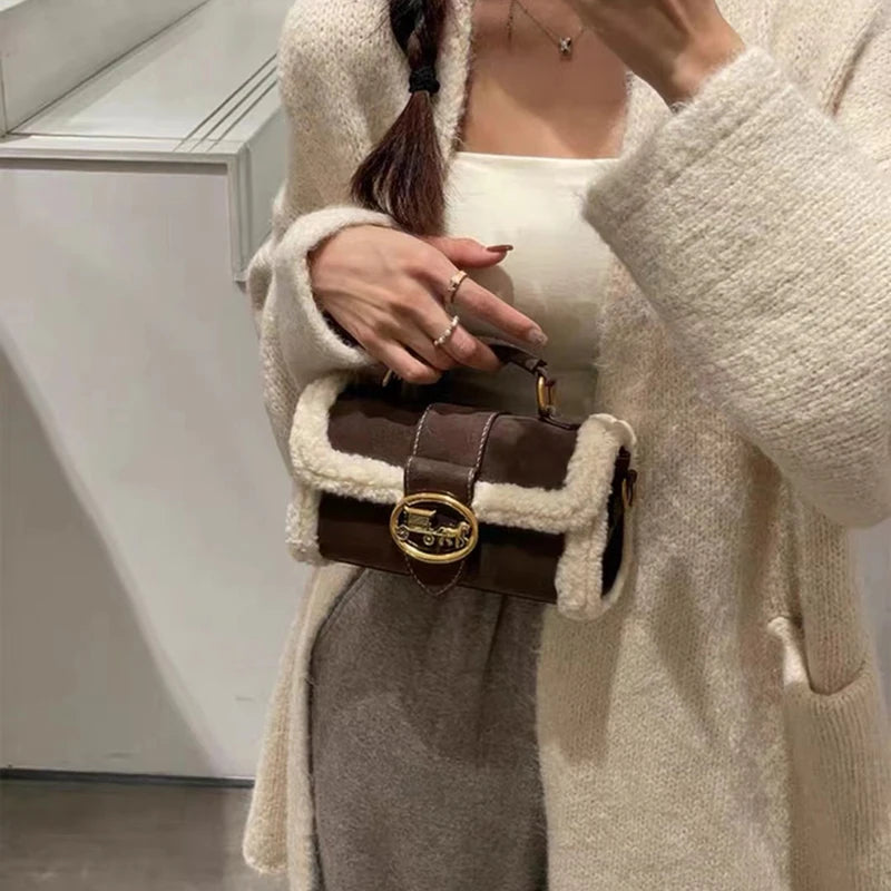 Luxury brand women's bag high-end designer 2024 new autumn and winter plush handbag single shoulder crossbody small square bag