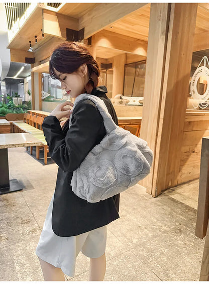 Faux Fur Tote Bag High Quality Plush Handbag Women Fall Winter Vintage Fashion Large Capacity Shoulder Bag