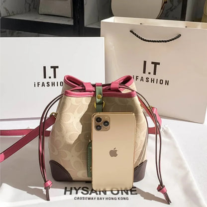 Light luxury women's handbag, retro carriage drawstring bucket bag, 2025 new style bag, high-end single shoulder crossbody bag