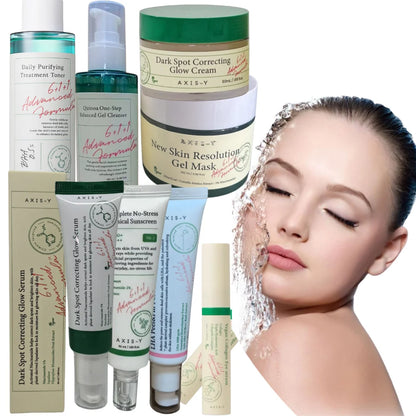 AXIS-Y Skin Care Set - Hydrating Essence, Dark Spot Correcting Glow Serum, Sunscreen, Eye Serum, Mask, Cleanser, AHA BHA Serum