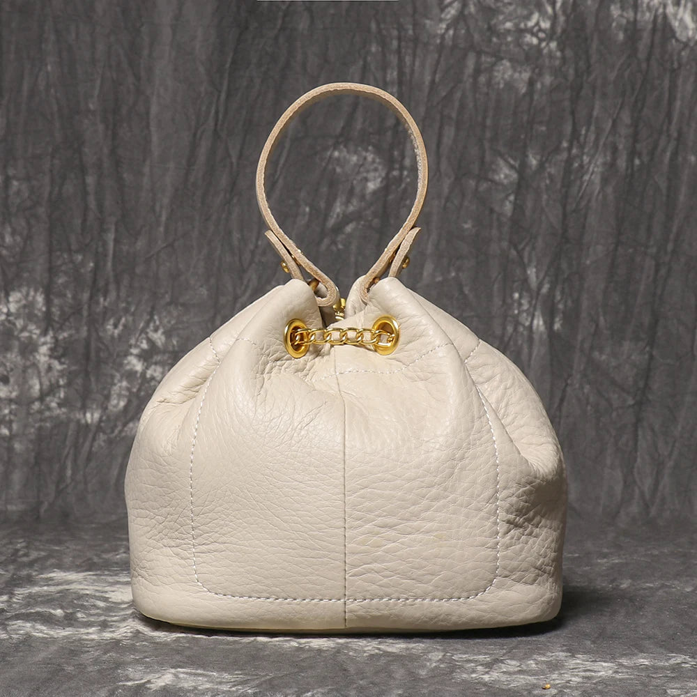 LUOKIR New Metal Drawstring Versatile Women's Handbag Genuine Leather Chain Crossbody Bag Vintage Bucket Bag Mobile Phone Bag