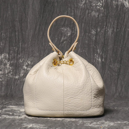 LUOKIR New Metal Drawstring Versatile Women's Handbag Genuine Leather Chain Crossbody Bag Vintage Bucket Bag Mobile Phone Bag