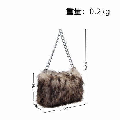 New Faux Fur Leopard Shoulder Bag Women's Autumn Winter Chain Handbags Ladies Leopard Print Clutch Purses Fluffy Top Handle Bags