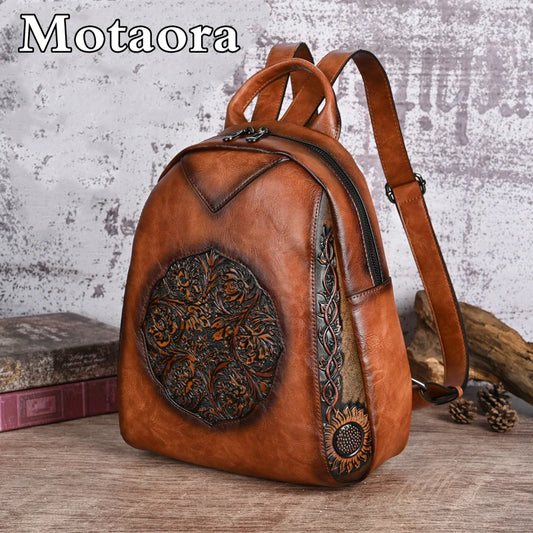 MOTAORA 2025 New Women's Backpack For Women Leather Bag Vintage Embossed Feminina Backpacks Ladies Travel Bags Handmade 9 Colors