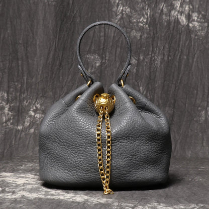 LUOKIR New Metal Drawstring Versatile Women's Handbag Genuine Leather Chain Crossbody Bag Vintage Bucket Bag Mobile Phone Bag