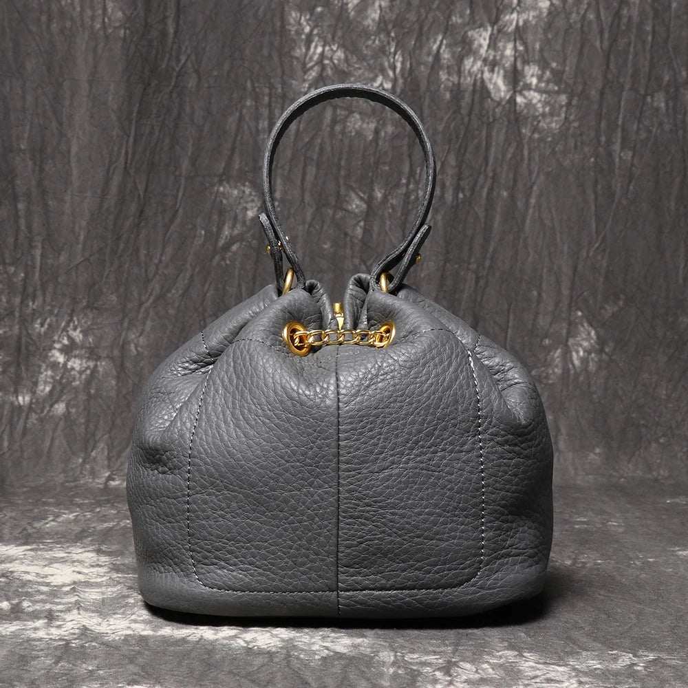 LUOKIR New Metal Drawstring Versatile Women's Handbag Genuine Leather Chain Crossbody Bag Vintage Bucket Bag Mobile Phone Bag