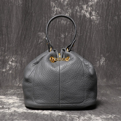 LUOKIR New Metal Drawstring Versatile Women's Handbag Genuine Leather Chain Crossbody Bag Vintage Bucket Bag Mobile Phone Bag