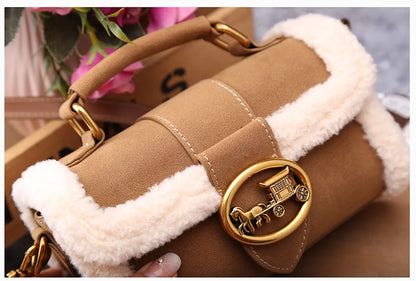 Luxury brand women's bag high-end designer 2024 new autumn and winter plush handbag single shoulder crossbody small square bag
