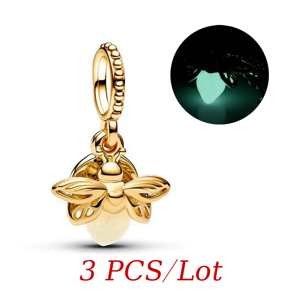 2024 Summer New Glow-in-the-dark Firefly Dangle Charm Fit Original Pan Bracelet DIY Silver&Gold Plated Women Jewelry Gift