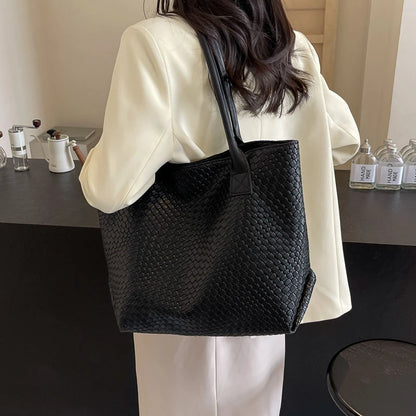 Women's Woven Pattern Tote Bag Elegant PU Leather Handbag Vintage Large Capacity Fashion Trending Japon Style  Shoulder Bags