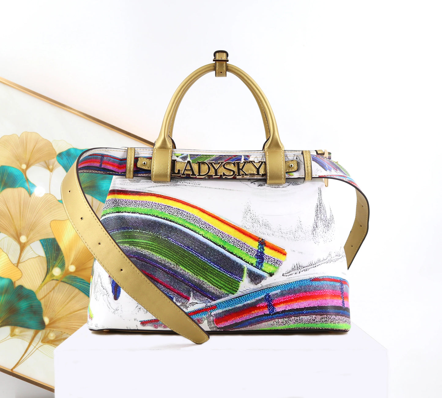 Ladysky Top Product Fashion Women's Tote Bag with Belt Super Personalized Metal Letter Handbag Printed Ladies Shoulder Bag 36 cm