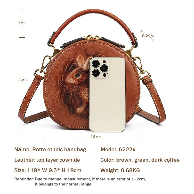 MOTAORA 2025 New Retro Round Women's Genuine Leather Handbags For Ladies Luxury Designer Rabbit Embossed Shoulder Messenger Bags