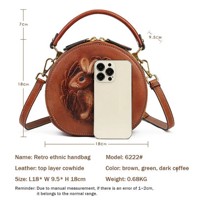 MOTAORA 2025 New Retro Round Women's Genuine Leather Handbags For Ladies Luxury Designer Rabbit Embossed Shoulder Messenger Bags