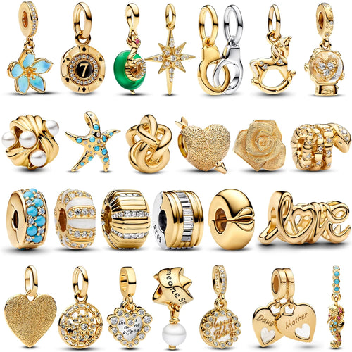 Gorgeous 925 Sterling Silver Stones & Enamel Clip Beads & Seahorse Dangle Charm Fits Bracelet For Women Gold Necklace Pendant