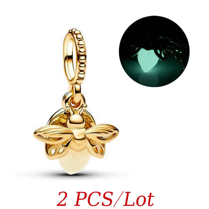 2024 Summer New Glow-in-the-dark Firefly Dangle Charm Fit Original Pan Bracelet DIY Silver&Gold Plated Women Jewelry Gift