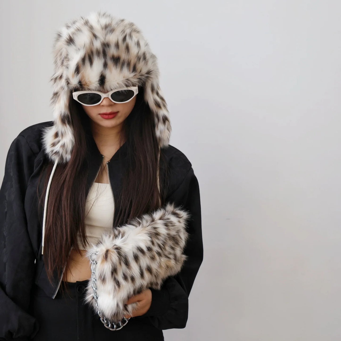 New Faux Fur Leopard Shoulder Bag Women's Autumn Winter Chain Handbags Ladies Leopard Print Clutch Purses Fluffy Top Handle Bags