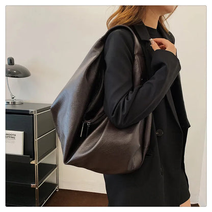 Big Black Shoulder Bags for Women Large Hobo Shopper Bag Solid Color Quality Soft Leather Crossbody Handbag Lady Travel Tote Bag