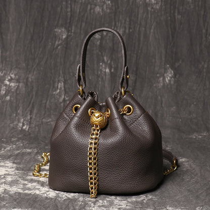 LUOKIR New Metal Drawstring Versatile Women's Handbag Genuine Leather Chain Crossbody Bag Vintage Bucket Bag Mobile Phone Bag