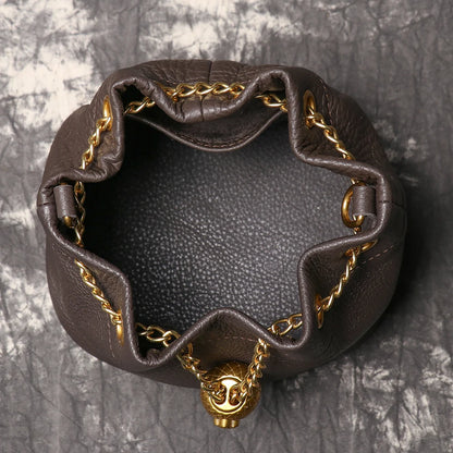 LUOKIR New Metal Drawstring Versatile Women's Handbag Genuine Leather Chain Crossbody Bag Vintage Bucket Bag Mobile Phone Bag