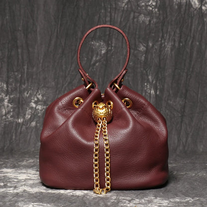 LUOKIR New Metal Drawstring Versatile Women's Handbag Genuine Leather Chain Crossbody Bag Vintage Bucket Bag Mobile Phone Bag