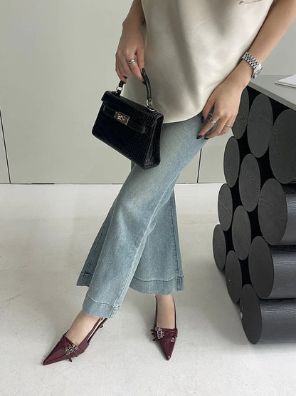 Pointed Toe Women Sandals New Arrivals Fashion Elastic Band Party Dress Shoes Woman Thin Mid Heels Red Black Silver Fashion