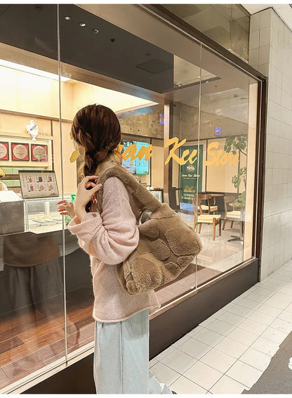 Faux Fur Tote Bag High Quality Plush Handbag Women Fall Winter Vintage Fashion Large Capacity Shoulder Bag