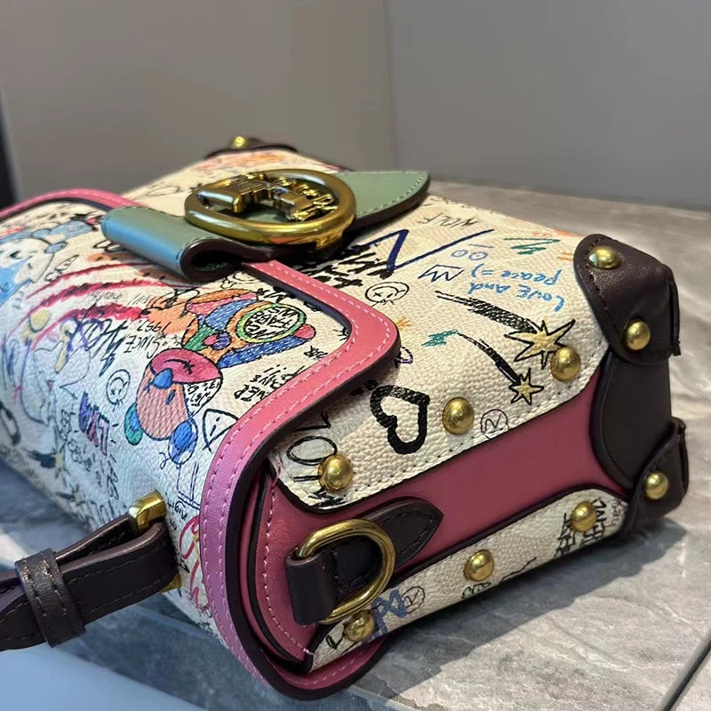 Brand premium women's bag graffiti box small square bag 2024 new autumn and winter designer handbag single shoulder crossbody ba