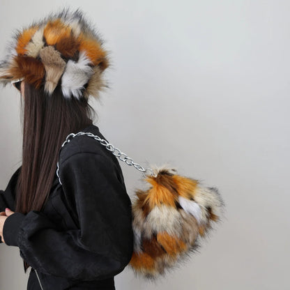 New Faux Fur Leopard Shoulder Bag Women's Autumn Winter Chain Handbags Ladies Leopard Print Clutch Purses Fluffy Top Handle Bags