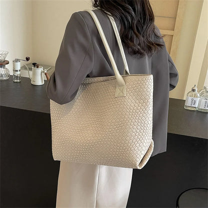 Women's Woven Pattern Tote Bag Elegant PU Leather Handbag Vintage Large Capacity Fashion Trending Japon Style  Shoulder Bags