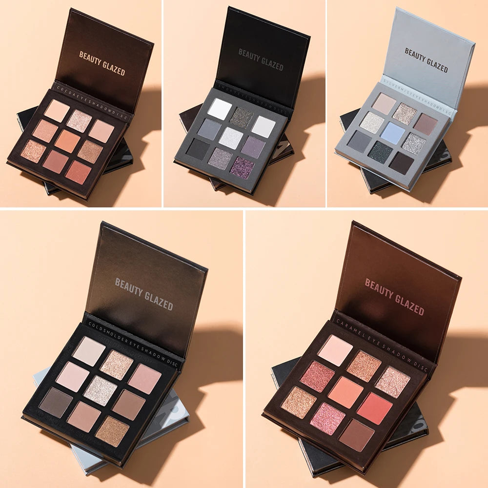 Beauty Glazed 9 Colors Eye Shadow Palette - Matte & Shimmer Pigmented Eyeshadow Discs Warm Earth Tones Makeup Powder for Eyes