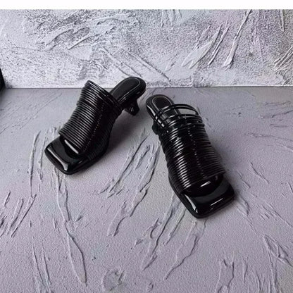 Square Toe Stiletto Sandals for Women Summer Shiny Solid Color High Heels Casual Half Slippers Shoes for Women Designer Sandals