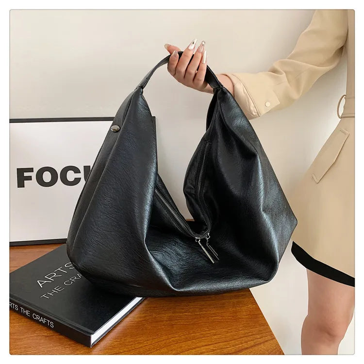 Big Black Shoulder Bags for Women Large Hobo Shopper Bag Solid Color Quality Soft Leather Crossbody Handbag Lady Travel Tote Bag