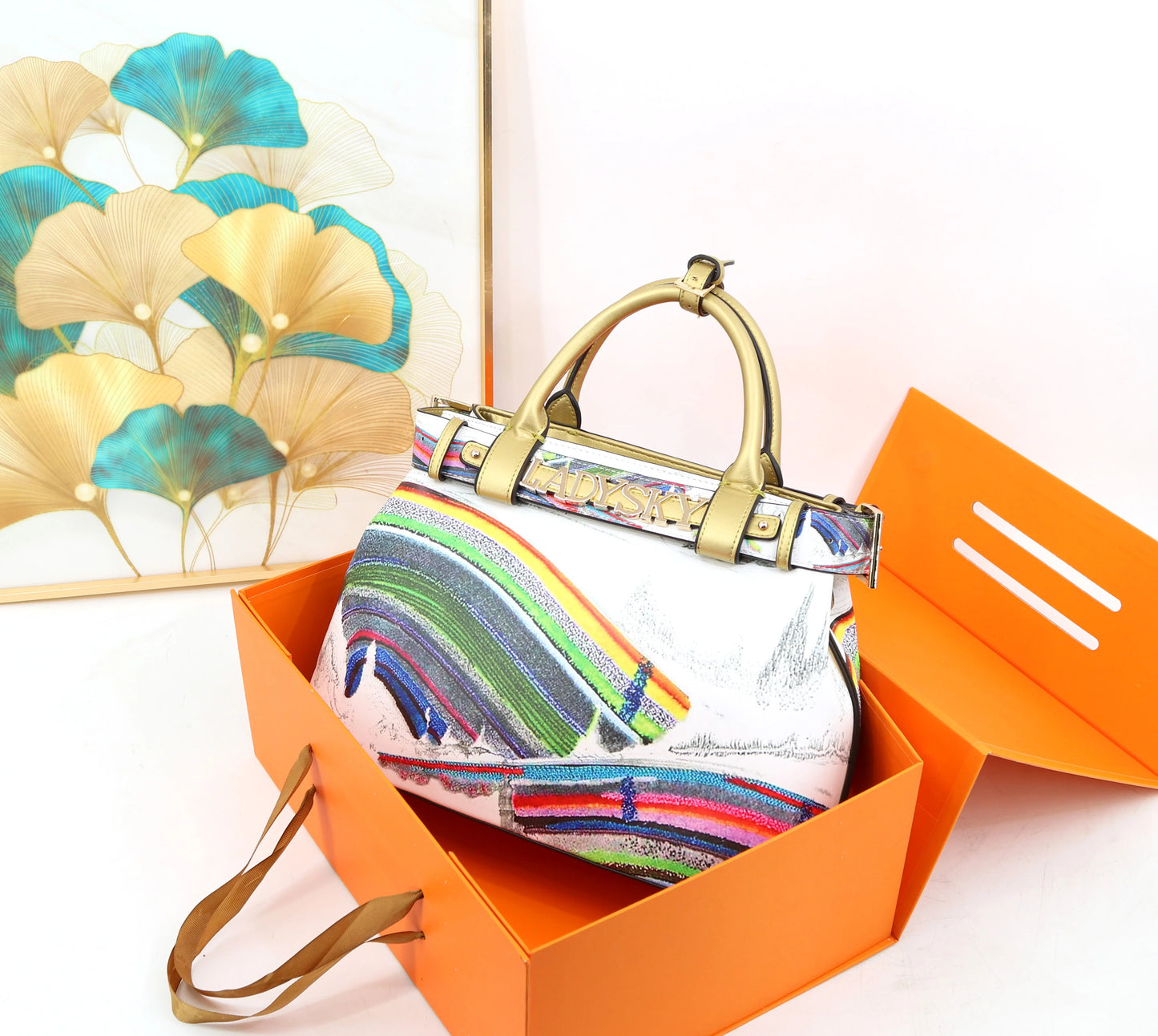 Ladysky Top Product Fashion Women's Tote Bag with Belt Super Personalized Metal Letter Handbag Printed Ladies Shoulder Bag 36 cm