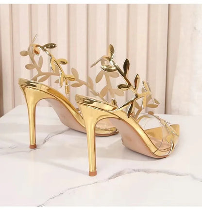 2024 Summer Fashion Patent Leather Gold Leaf Women Sandals Elegant Pointed toe Thin High heels Gladiator Sandalias Party Shoes