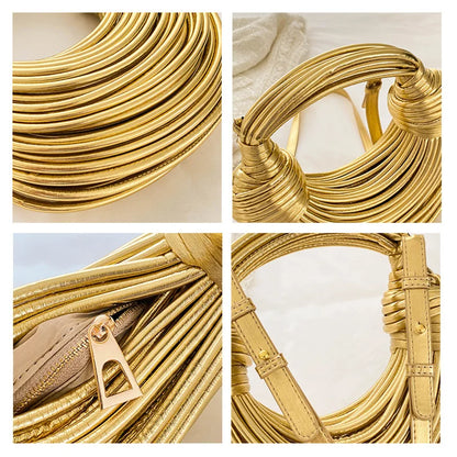 Handbags for Women 2025 New Gold Luxury Designer Brand Handwoven Noodle Bags Rope Knotted Pulled Hobo Silver Evening Clutch Chic