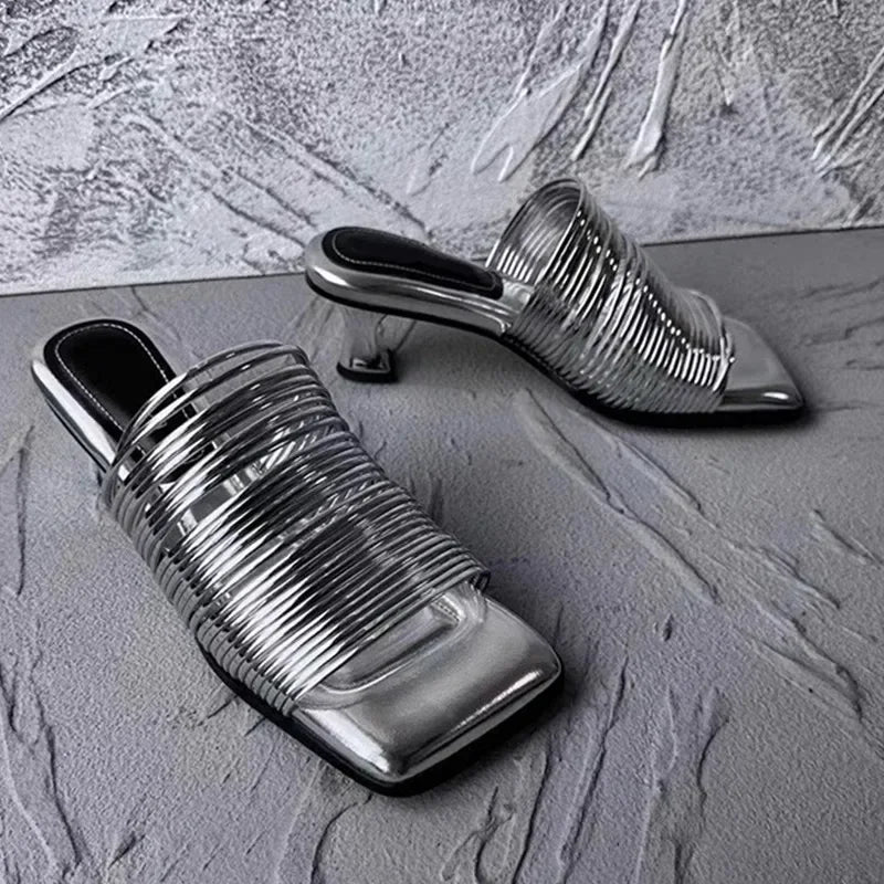 Square Toe Stiletto Sandals for Women Summer Shiny Solid Color High Heels Casual Half Slippers Shoes for Women Designer Sandals