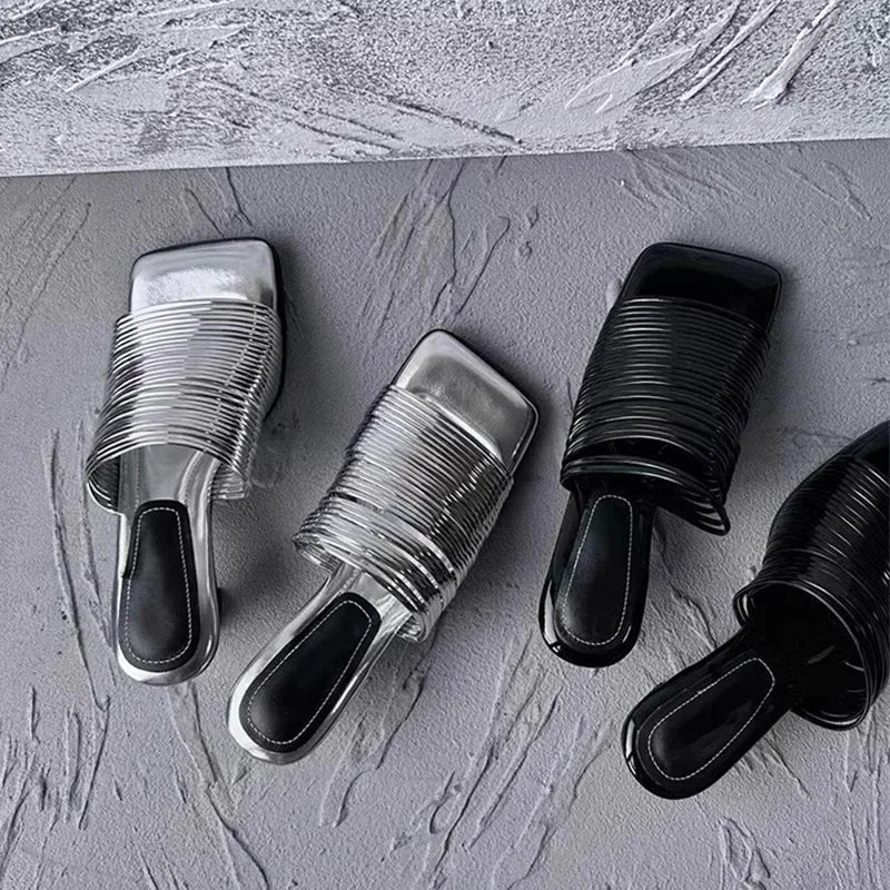 Square Toe Stiletto Sandals for Women Summer Shiny Solid Color High Heels Casual Half Slippers Shoes for Women Designer Sandals