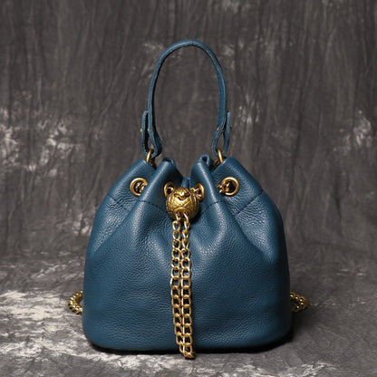 LUOKIR New Metal Drawstring Versatile Women's Handbag Genuine Leather Chain Crossbody Bag Vintage Bucket Bag Mobile Phone Bag