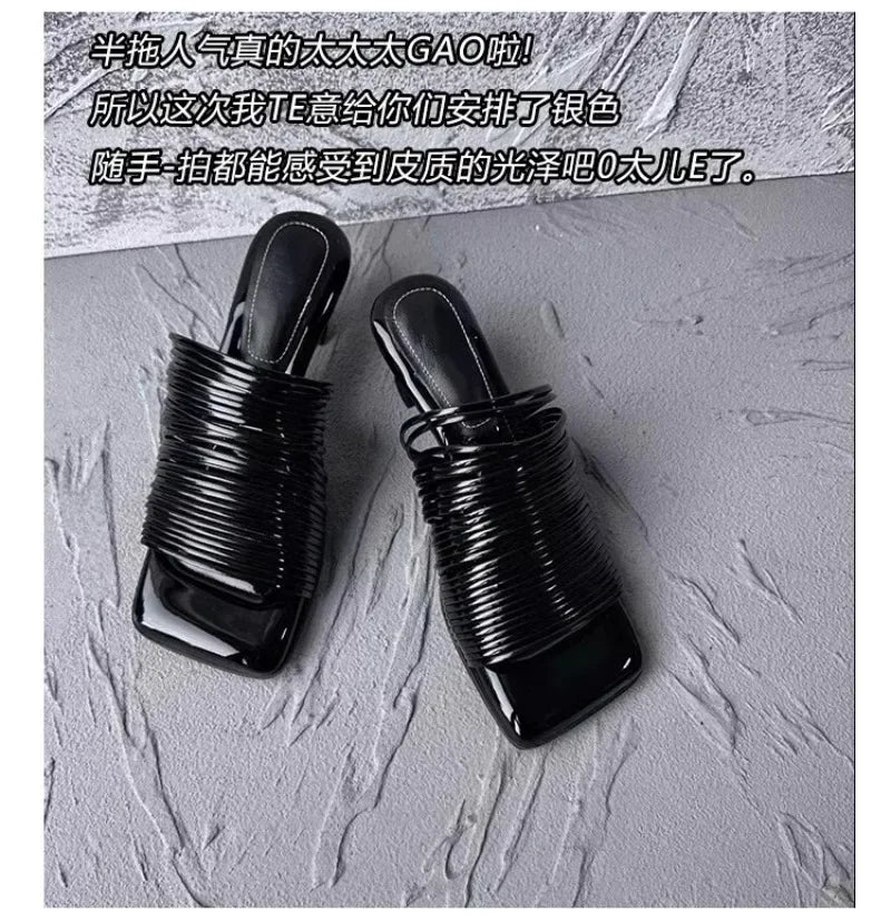 Square Toe Stiletto Sandals for Women Summer Shiny Solid Color High Heels Casual Half Slippers Shoes for Women Designer Sandals